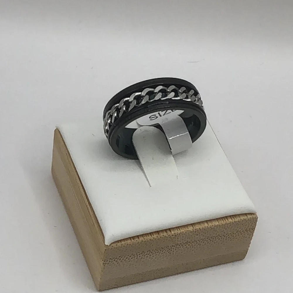 Black Ring with Silver Tone Chain Punk Rock Biker Motorcycle Gothic Goth